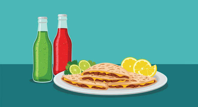 Tasty beef quesadillas on a plate served with fresh lime, lemon slices, and two cold bottles of colorful soda.