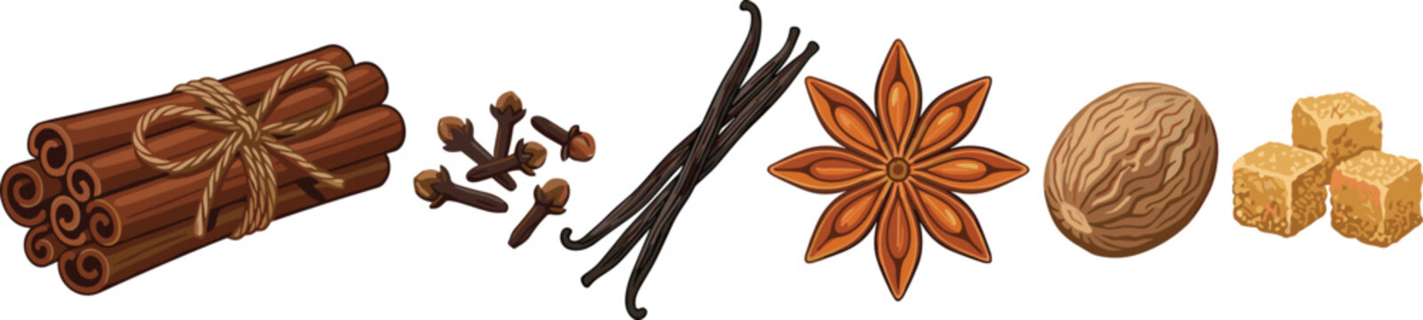 Aromatic Baking Spices Vector Set with Cinnamon Sticks, Star Anise, Cloves, Vanilla Beans, Nutmeg, and Brown Sugar Cubes for Cooking Designs