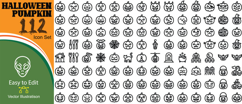 Large collection of 112 unique halloween pumpkin character icons with jack o lantern halloween vegetable character collection isolated illustration minimalist decoration seasonal
