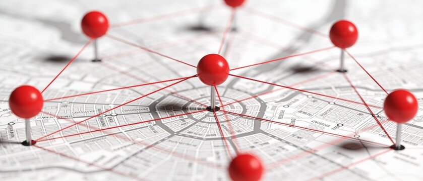 Abstract red pushpins connected by lines on a map illustrating networked relationships and data flow