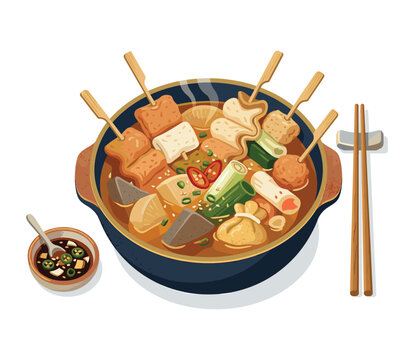 Hearty Korean Fish Cake Stew: A comforting bowl of Odeng (Korean fish cake soup) served with chopsticks and a dipping sauce, bursting with flavorful ingredients like fish cakes, vegetables, and broth.