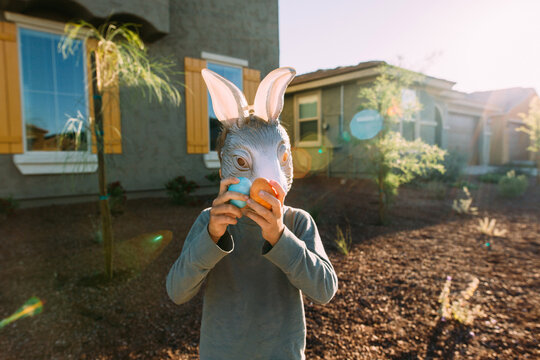 Boy in easter bunny mask with eggs