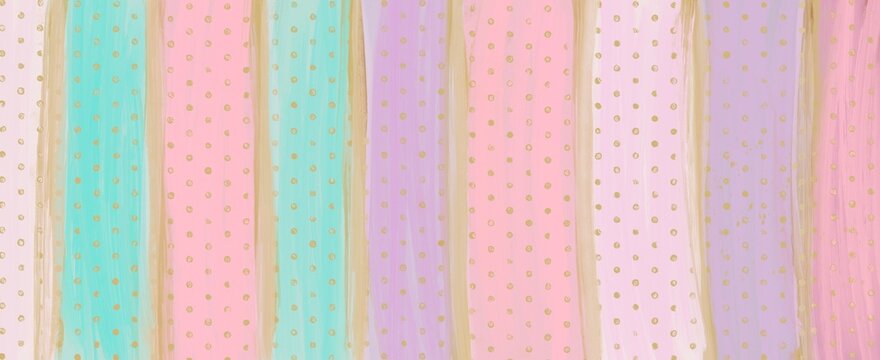 Hand Painted Pastel Striped Background with Gold Polka Dots