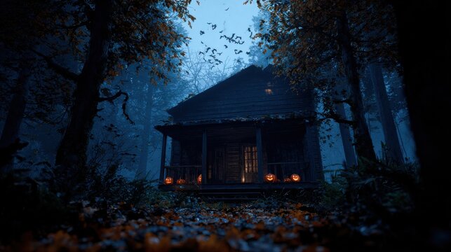 Old abandoned rustic house in dark gloomy forest with bats flying overhead at night time.