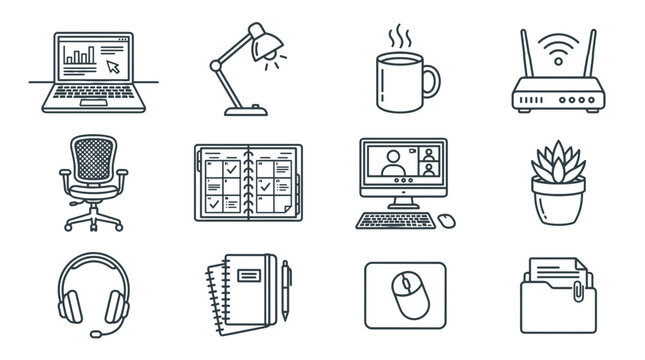 Remote work home office icon set with laptop and accessories  