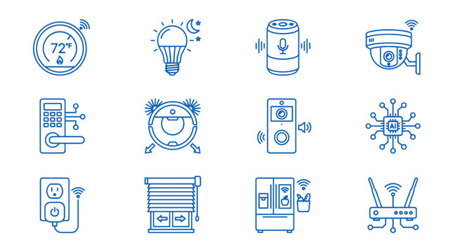 Smart home AI icon set featuring devices and technology symbols  
