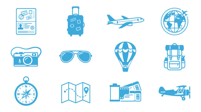 Travel and aviation icon set in blue graphic style for exploration  