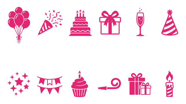Icon Set of pink birthday party elements including balloons and gifts  