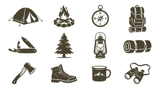 Camping vector icons set on white background depicting outdoor gear  
