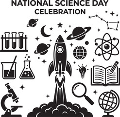 Obraz premium National Science Day celebration design. Educational icons with rocket and laboratory gear.