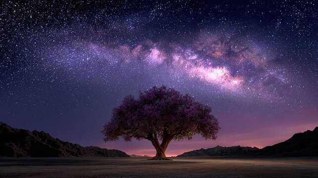 Cosmic Canopy: A solitary, vibrant tree with purple foliage stands under a breathtaking display of the Milky Way, casting a serene silhouette against the twilight sky.