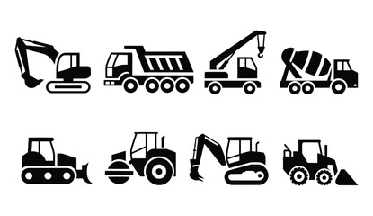 Construction vehicle icon set, heavy industrial transport silhouettes, excavator bulldozer crane dump truck machinery ©   