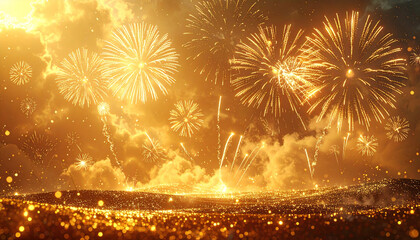 Fototapeta premium Golden fireworks background, full frame, illustration. AI