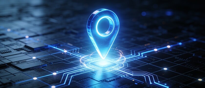 Futuristic digital map pin glowing on high-tech circuit board interface
