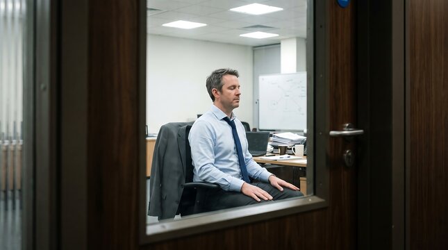 Professional Breathing Exercise Closed Office Door Workplace Mental Wellness Stress