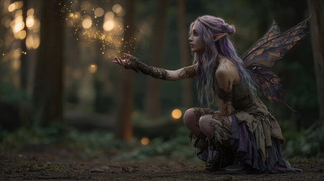 Fantasy wallpaper. A fantasythemed digital artwork depicts a female fairy in a forest. She has long, wavy purple hair and large, ornate wings with intricate patterns. She wears a layered.