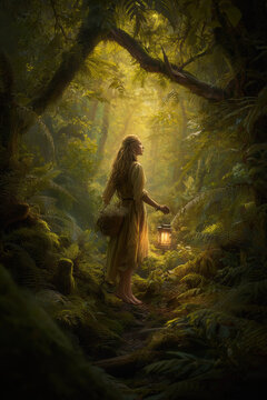 Fantasy wallpaper. A vivid portrayal of a woman standing in a dense forest. She wears a flowing yellow dress and holds a lantern in her right hand. Her long, wavy hair flows down her back.