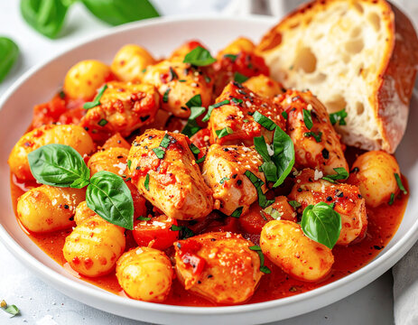 Caprese chicken with gnocchi, white plate, bread slice, closeup. AI