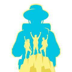 Obraz premium Backpacker silhouette with hikers on mountain peak vector