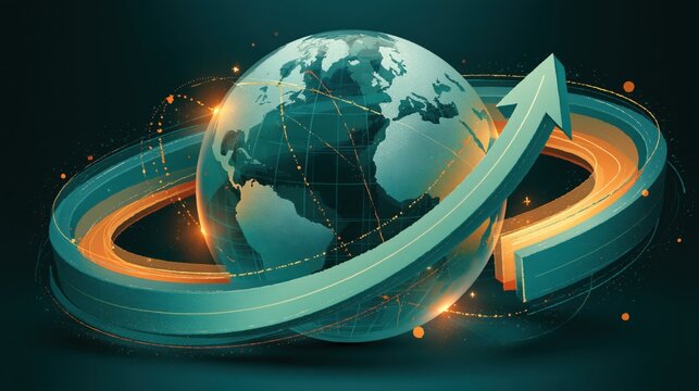 Translucent globe encircled by glowing teal and orange growth arrows on a dark background