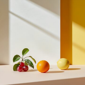 Fresh fruit and vegetables on wooden table.