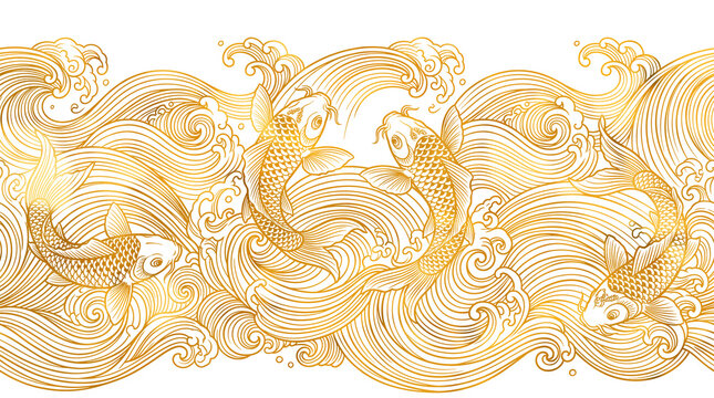 Golden koi fish swimming in ocean waves, elegant Japanese style line art border, luxury gold carp illustration on white background