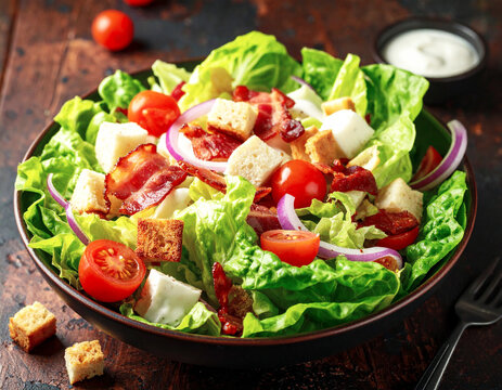Iceberg lettuce salad with bacon, tomatoes, red onion and croutons. AI
