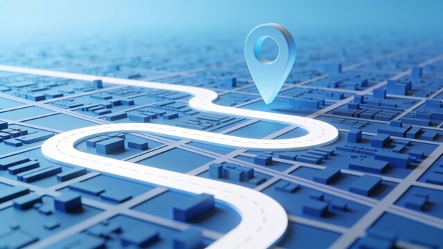 Futuristic 3D map pinpointing location on winding city road with digital navigation glow