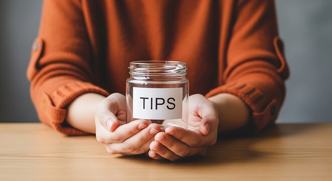 Person holding a glass tip jar. Hands offering a donation container for mental health support.