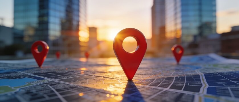 Abstract map pins on transparent overlay showing urban location concept during sunset