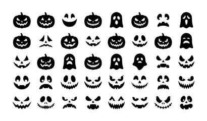 Obraz premium Halloween pumpkin and ghost face icon bundle with scary smiles creepy expressions vector illustration
