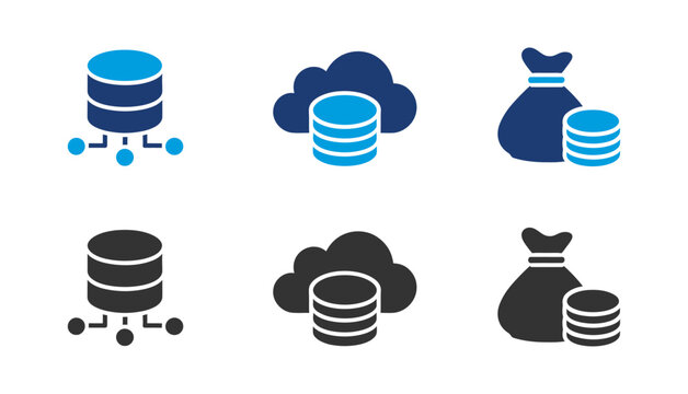Data storage and security icons database cloud and money bag illustrations in color and monochrome versions
