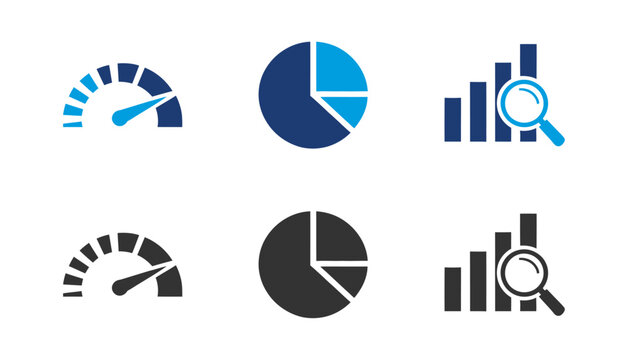 Business data analysis icons speedometer pie chart and bar graph with magnifying glass vector set