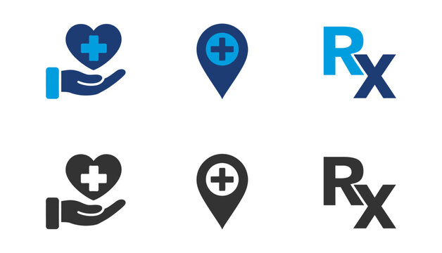 Healthcare icons set medical support pharmacy and location services color and black versions