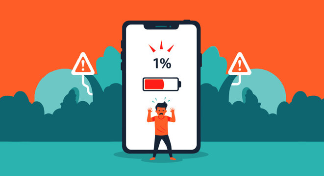 Low battery smartphone with warning signs and distressed person, concept for urgent need of charging, digital addiction and mobile device problems, use for technology articles and service ads.