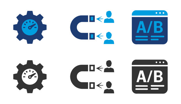 Marketing optimization icons a b testing lead generation and performance metrics visual set