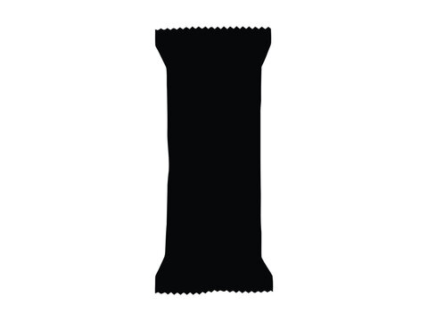 A black silhouette of a rectangular snack bar wrapper with serrated edges, isolated on a white background, representing food packaging