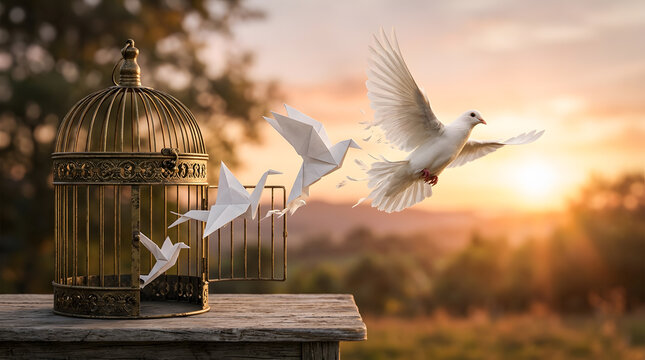 Freedom concept with doves flying from an open birdcage at sunset