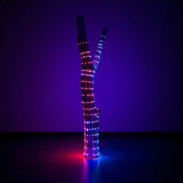 Glowing LED tree decoration. Illuminated festive branch with colorful neon lights.