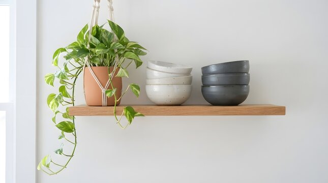 Minimalist shelf decor with pothos plant and ceramic bowls