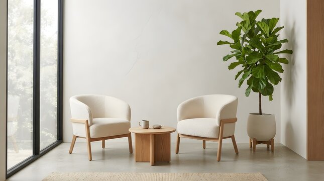 Modern living room with cream boucle chairs and fiddle leaf fig tree