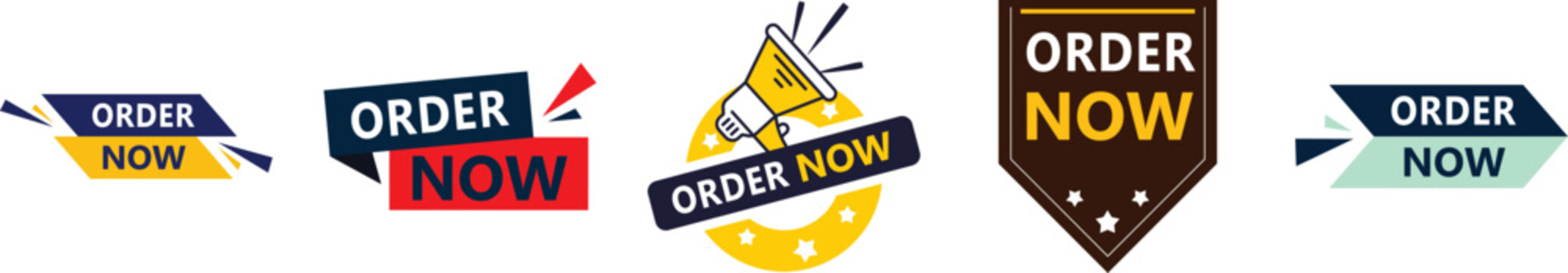 Colorful order now badges and banners set