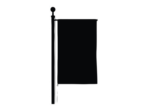 A black silhouette of a vertical flag attached to a pole with a round finial, isolated on a white background, for branding or events