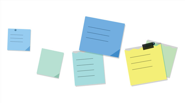 Set of colorful sticky notes with lines and paper sheets for reminders isolated on a clean white background