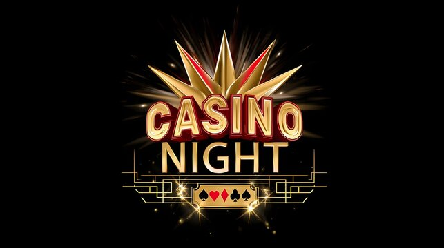 A vibrant casino night logo with golden text and playing cards