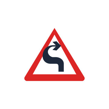 Double bend first to the left triangular warning traffic sign isolated on white background. Double curve left warning symbol vector illustration