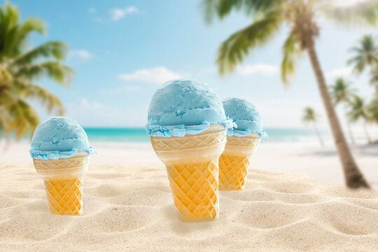 Ice cream cone on sandy beach with sea background &ndash; summer vacation concept