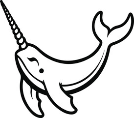 Minimal Narwhal Emblem, Bold Black Outline, Long Spiral Tusk, Premium Marine Logo Vector © mdrubel