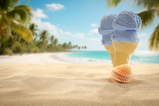 Ice cream cone on sandy beach with sea background &ndash; summer vacation concept
