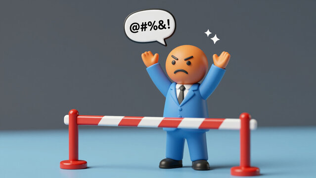 Stylized Businessman Figurine with Orange Head in Frustration &ndash; Behind Closed Barrier for Office Worker Dismissal, Denied Access, and Workplace Network Ban Concepts